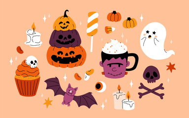 Cute kids Halloween set. Happy pumpkin, zombie hand, cute ghost, skull cupcake candy and witch potion. October holiday stickers, design elements bundle. Isolated flat vector illustrations