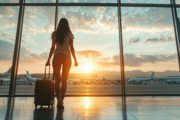 Silhouette of a woman with luggage standing at large airport window during sunrise. Travel and departure concept