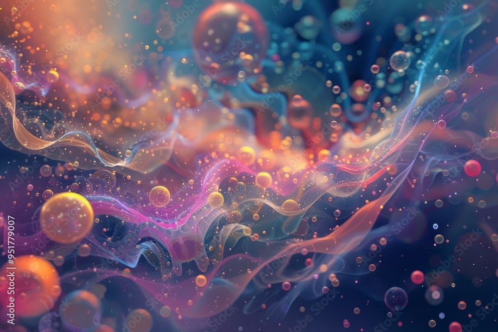Poster abstract colorful background with wavy lines and glowing spheres floating in a colorful space