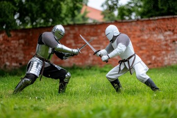 Two Knights in Full Armor Fighting with Swords at a Medieval Festival