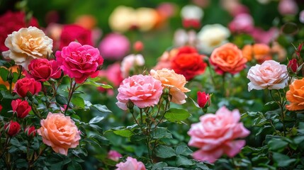 A rose garden in full bloom, with various colors of roses creating a vibrant and fragrant landscape