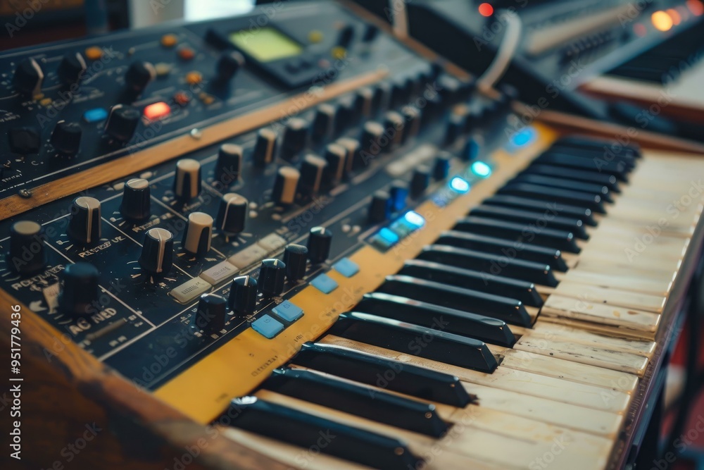Aufkleber close up of vintage synthesizer keyboard with many buttons and dials