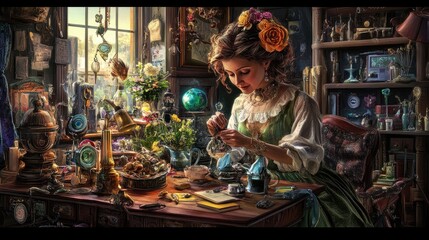 Obraz premium A Woman Working in Her Magical Workshop