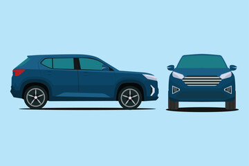Vector illustration set of SUV car in cartoon flat style. Sets of modern land vehicle in front and side view. Family car in different view. Icon and symbol automobile for transportation advertising