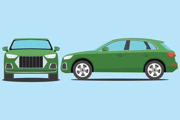 Vector illustration set of SUV car in cartoon flat style. Sets of modern land vehicle in front and side view. Family car in different view. Icon and symbol automobile for transportation advertising