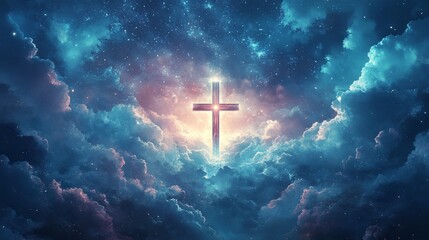 Abstract wallpaper of a Cross in heavenly, ethereal clouds and shining lights. Cross background symbolizing prayer, heaven, or spirituality. generative ai