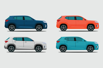 Vector illustration set of land vehicle in different color. Image of four car in cartoon flat style. Icon of car product for labelling advertising in trip, family car comfort vehicle side view.