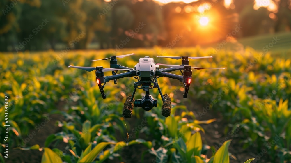 Poster capture the precision of a drone conducting agricultural surveys, mapping crop health and soil condi