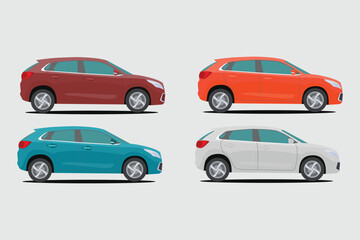 Fototapeta premium Vector illustration set of land vehicle in different color. Image of four car in cartoon flat style. Icon of car product for labelling advertising in trip, family car comfort vehicle side view.