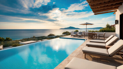Fototapeta premium Terrace of a resort hotel with sunbeds and swimming pool with clear blue water with breathtaking panoramic sea view