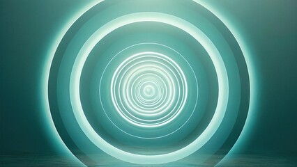 Fototapeta premium Abstract background with glowing white neon circles on a teal background.