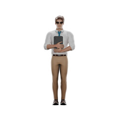Illustration of a Professional Teacher. Male teacher is standing with both hands holding books in front of his chest. 3D Male