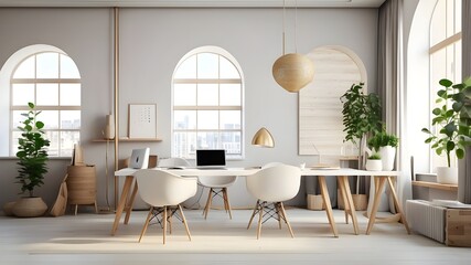 interior scene and mockup featuring a Scandinavian-style office interior. 