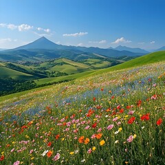 Fototapeta premium A field of wildflowers in a valley with a mountain range in the background.