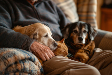 Obraz premium Man Relaxing on Sofa with Pets: Stroking Cat and Dog Together. Generative AI