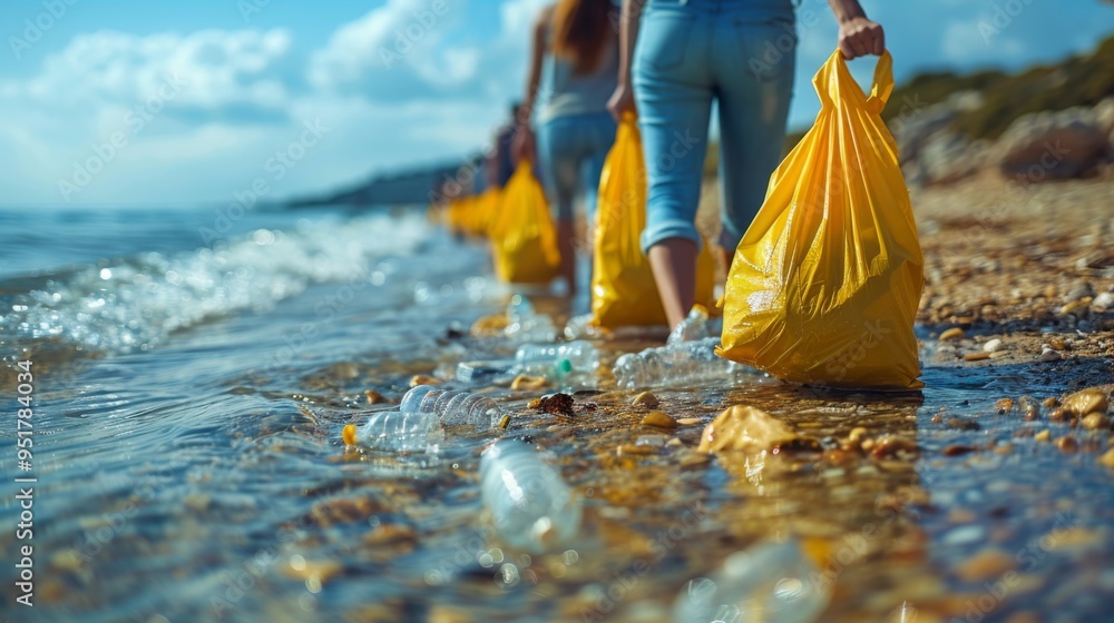 Poster document a beach cleanup event where volunteers collect litter using reusable grabbers and canvas ba