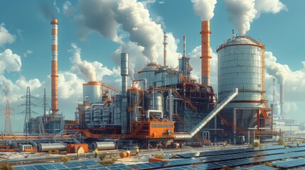 Develop a visual narrative of a factory transitioning from coal-fired power generation to solar panels and wind turbines, with workers