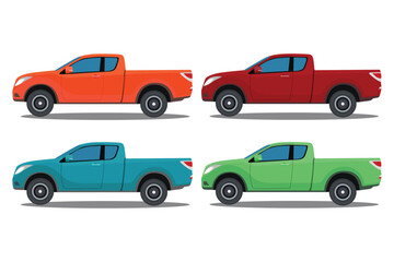 Vector illustration set of land vehicle in different color. Image of pickup truck in cartoon flat style. Four wheel drive sporty car. Comfort pickup truck icon, symbol, logo for advertising © Kidung Paripurna
