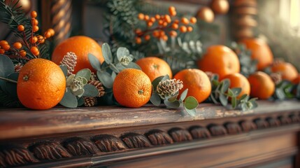 A festive display of vibrant oranges surrounded by lush greenery on a rustic wooden mantelpiece, perfect for seasonal decor.