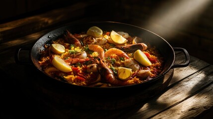 Seafood Paella in a Pan on Wooden Table