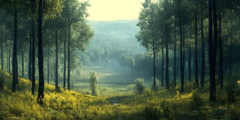 Fototapeta premium A misty forest path winds its way through a lush green valley, the sun peeking through the leaves creating a magical glow.