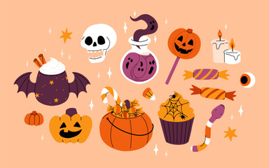 Cute kids Halloween set. Happy pumpkin, zombie hand, cute ghost, skull cupcake candy and witch potion. October holiday stickers, design elements bundle. Isolated flat vector illustrations