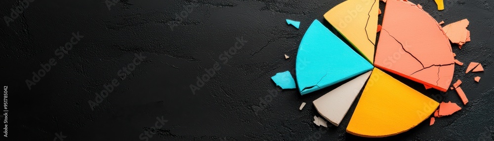 Poster colorful pie chart segments on a dark background, representing data visualization and statistics for