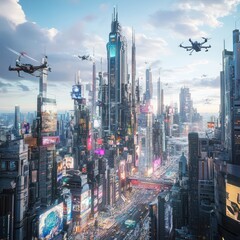 Fototapeta premium A futuristic cityscape dominated by towering AI-powered skyscrapers By Generated AI