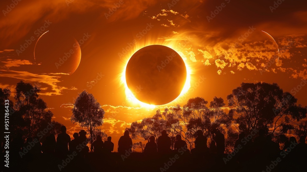Poster capture the sense of wonder and awe as spectators watch the progression of a partial solar eclipse, 