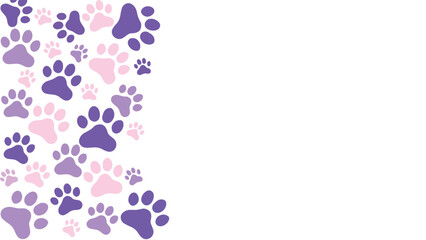 Seamless pink and purple colors dog or cat paw prints. Animals print border frame with copy space. For backgrounds, patterns, websites, showcases design, greeting cards, child prints, wallpapers, etc