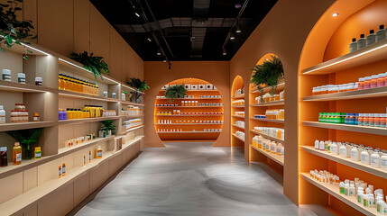 A modern retail store with shelves full of products, featuring a unique archway design and natural elements.