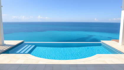 Sea view. Luxury modern swimming clear blue pool in a resort. vacation home or hotel.  Edited isolated with white highlights, png