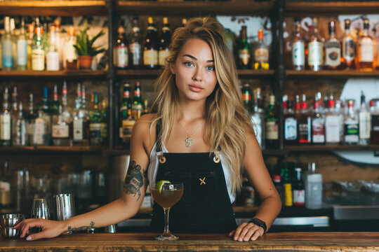 Attractive Female Bartender in Professional Setting. Concept of Hospitality and Service. Generative AI