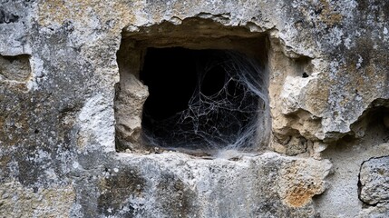 A hole in an old stone wall revealing cobwebs and dust inside