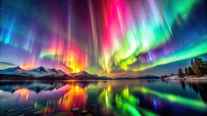 Forced perspective view of multicolored northern lights Aurora borealis