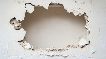 A large hole in a plaster wall showing broken lath and plaster around the edges