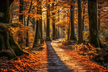 Fototapeta premium Weg durch einen schön gefärbten Laubwald im Herbst, Generative AI