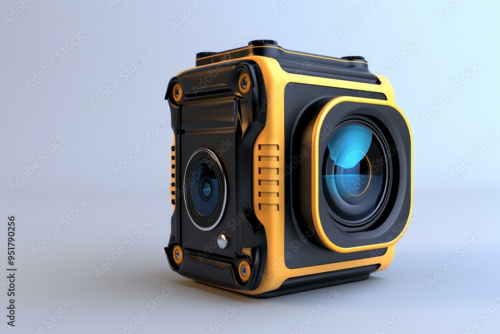 Poster modern action camera with a big and a small lens is standing on a white background