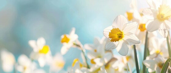 Daffodils in Bloom, vibrant yellow petals unfurl beneath a clear blue sky, creating a cheerful spring landscape filled with life and color.