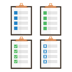 Vector illustration set of checklist document in cartoon flat style. Checklist on clipboard. Marking checkmark on paper check-list. Filling questionnaire, survey form, document, choosing option