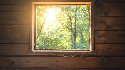 Hole in a wooden cabin wall showing sunlight filtering through the trees outside