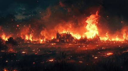 A fiery inferno engulfs the scene, with red-hot flames illuminating the night, symbolizing uncontrollable power