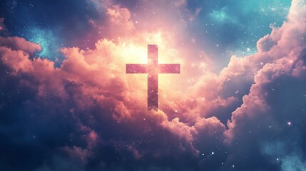 Abstract wallpaper of a Cross in heavenly, ethereal clouds and shining lights. Cross background symbolizing prayer, heaven, or spirituality. generative ai