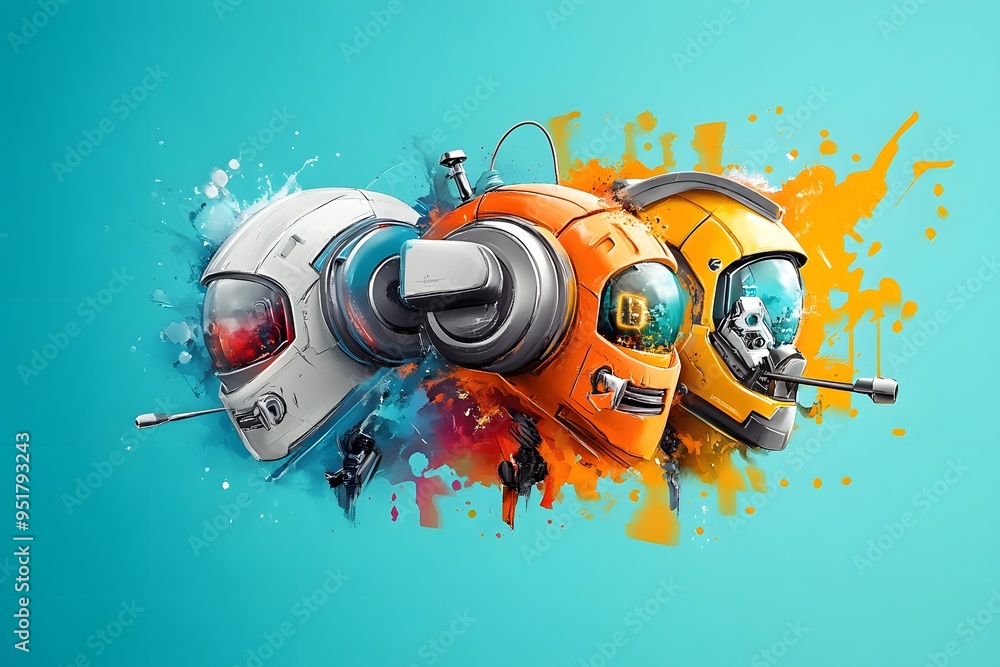 Poster abstract robot heads with splashing paint.