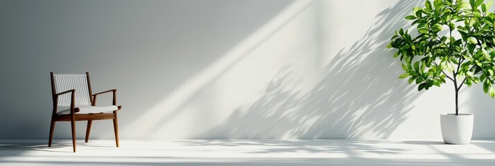 Spacious White Office Background with Sunlight and Plant, Copyspace for Business and Wellness Ads