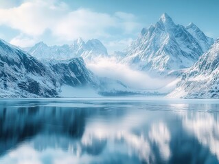 Fototapeta premium Snow-capped mountains towering over a frozen lake, with soft light illuminating the scene, Majestic, Cool Tones, Wide Shot