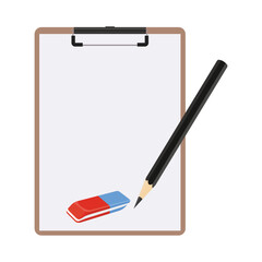 Vector illustration of wooden clipboard with blank document in cartoon flat stye. White paper with pencil, eraser, business stationery supply icon, 