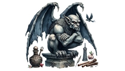 Fototapeta premium Gargoyle, watercolor clipart illustration with isolated background.