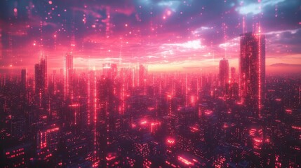 Fototapeta premium glitching cyberpunk cityscape fractured neon grid overlays retro 80s color palette digital artifacts holographic projections abstract geometric shapes data streams