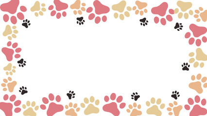 Seamless colorful pink and neutral color dog or cat paw prints. Animal print border frame with copy space for backgrounds, patterns, websites, showcases design, greeting cards, child prints, wallpaper